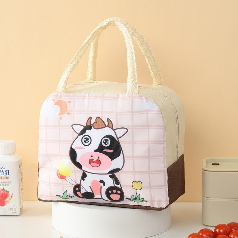 Geanta Termoizolanta Pentru Copii, 23X13X19 Cm, Model Imprimeu Vacuta, Din Folie De Aluminiu Si Panza Oxford, Bej - vivimall.ro