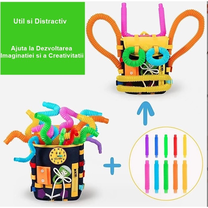 Ghiozdan Montessori, Vivimall, pentru Copii 2-6 ani, Fidget Pop, cu Catarame si Fermoare, Jucarii Senzoriale, Activitate de Invatare prin Joc, Albastru Marin, 0.25 kg, 28x10x23 cm - vivimall.ro