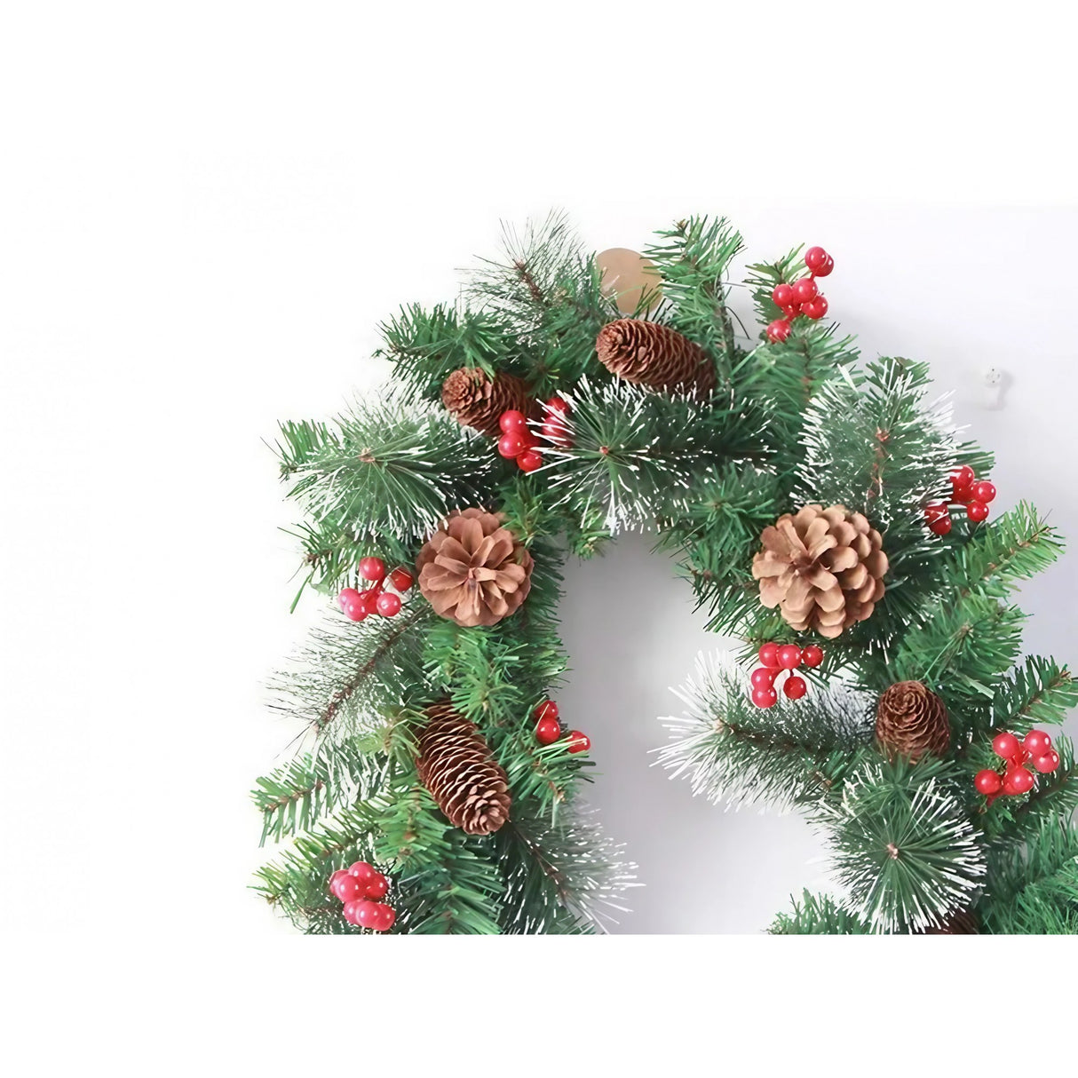 Ghirlanda de Craciun, cu merisoare si conuri, din brad artificial, cu parti de pin inzapezit, 180 cm, Verde - vivimall.ro