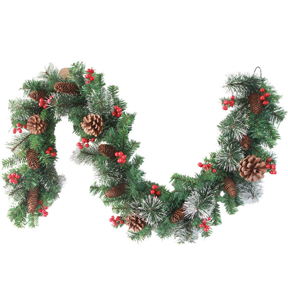 Ghirlanda de Craciun, cu merisoare si conuri, din brad artificial, cu parti de pin inzapezit, 270 cm, Verde - vivimall.ro