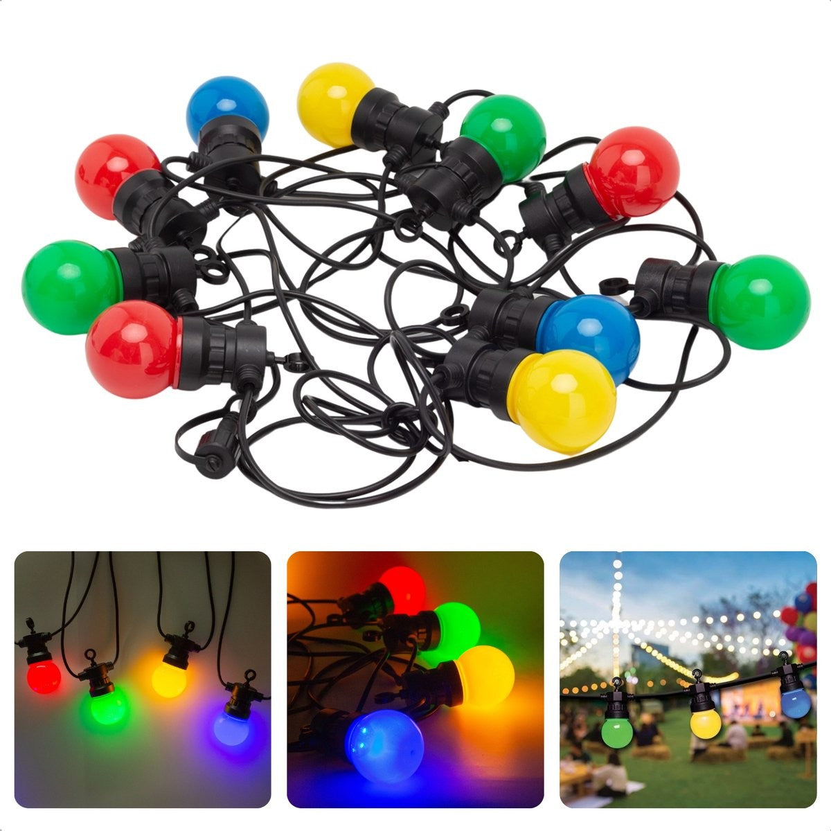 Ghirlandă luminoasă Vivimall LED Bulb aprinsă pe terasă exterioară, atmosferă festivă nocturnă