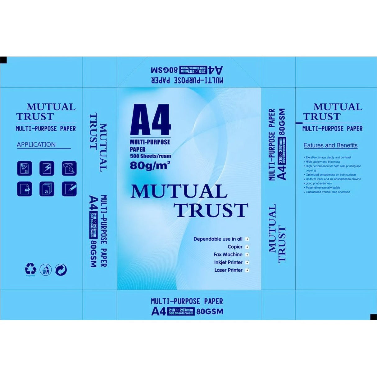 Top hârtie Mutual Trust A4 500 coli, vedere laterală cu grosimea topului alb