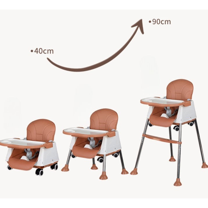 Scaun de Masa Pliabil 3in1, Vivimall, Reglabil, Multifunctional, 3 Pozitii, Masuta si Husa Detasabile, Roti, Centura de Siguranta, Ajustare Inaltime, Maro - vivimall.ro