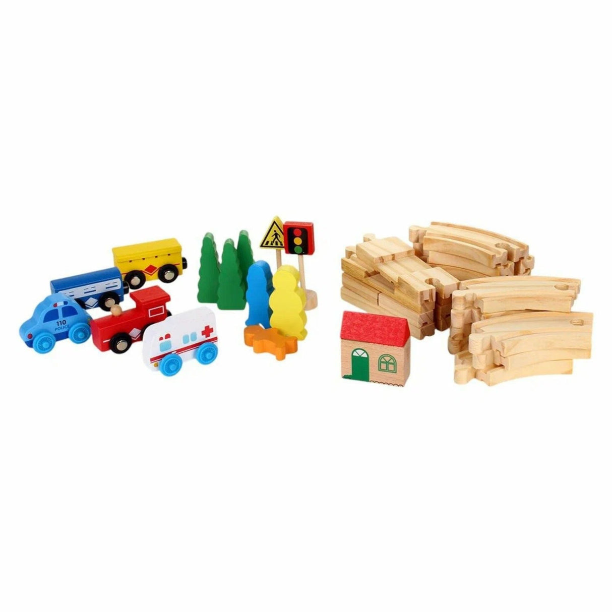 Detaliu conexiune magnetică trenulet lemn Flippy, piesă șină și vagon apropiate
