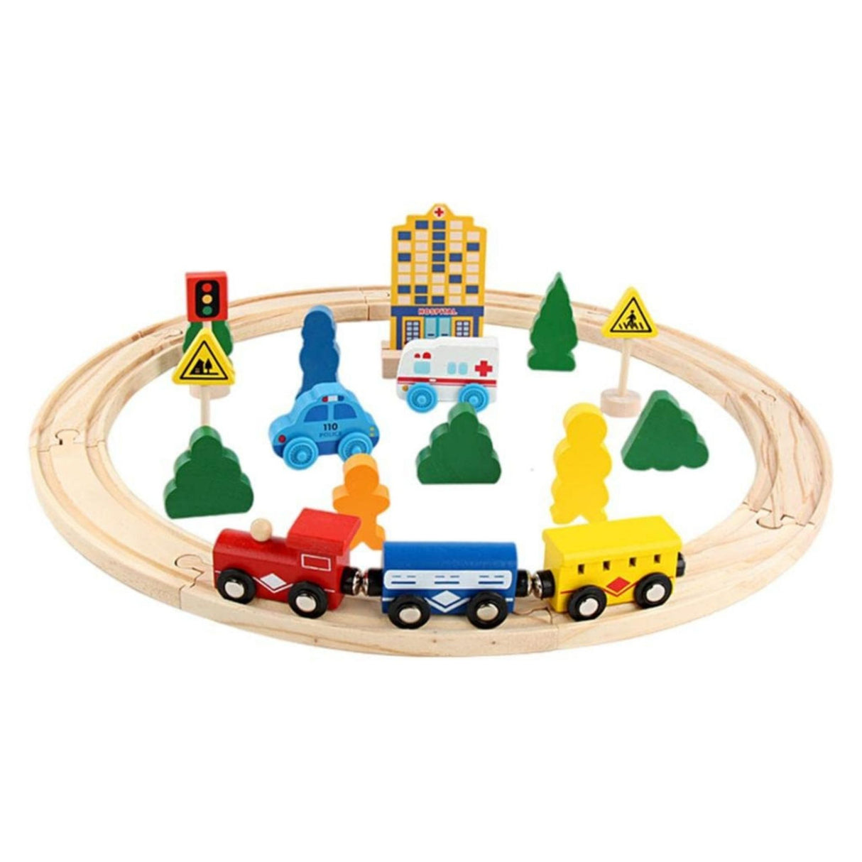 Set Circuit Trenulet din Lemn, Flippy, Locomotiva Electrica cu Sine de Lemn, 26 Piese, Jucarie Educativa Montessori, Masini de Interventie si Accesorii Oras, 3 ani+, Multicolor - vivimall.ro
