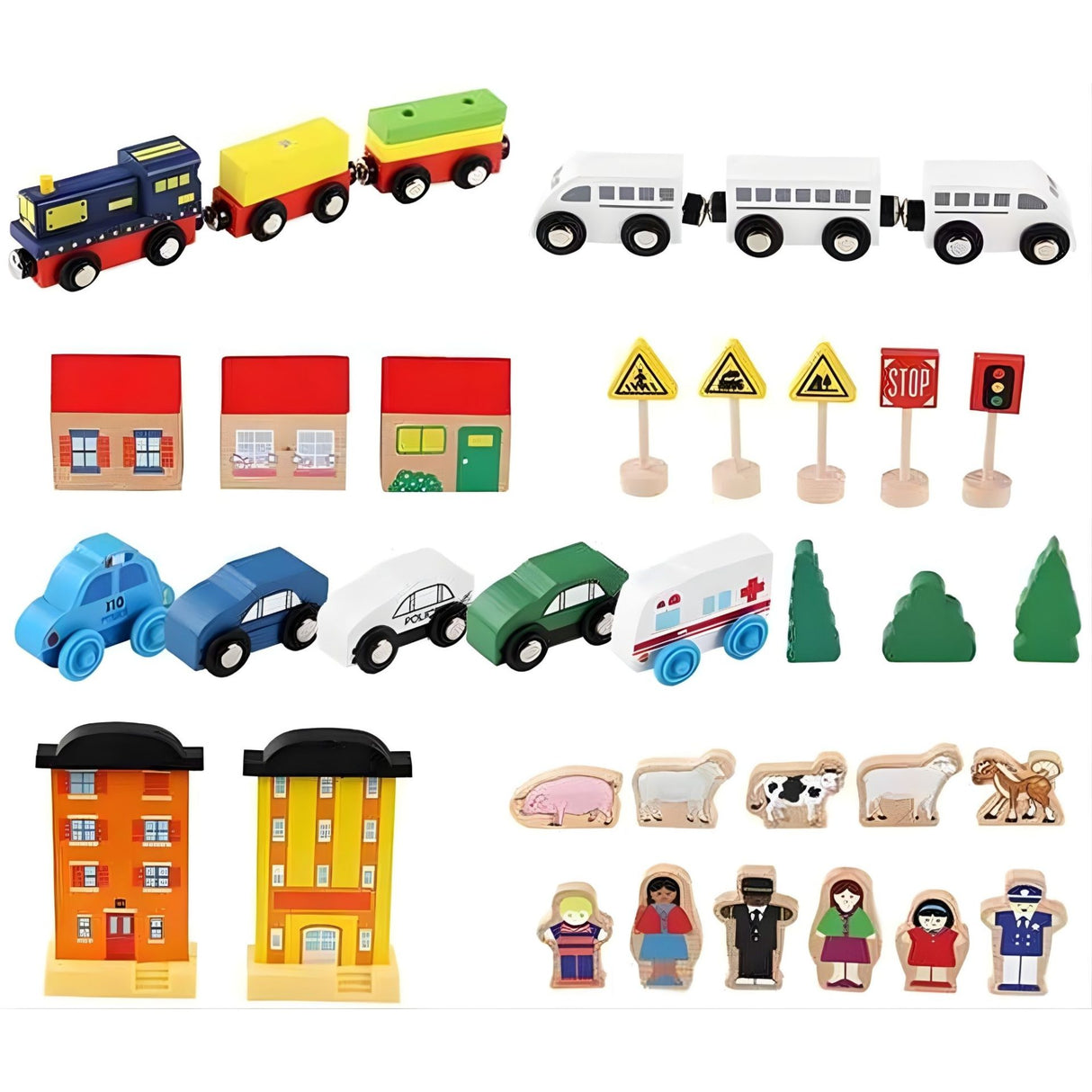 Figurine animale și personaje incluse în setul trenulet lemn Flippy – cal, oaie, polițist, medic, fermier