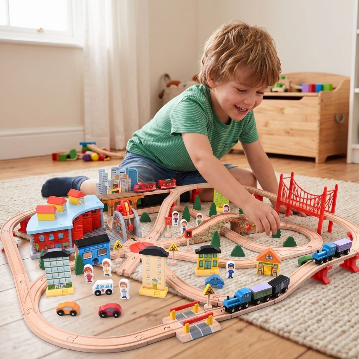 Locomotivă electrică Flippy cu vagoane magnetice pe circuit din lemn natural, 118 piese, 3 ani+