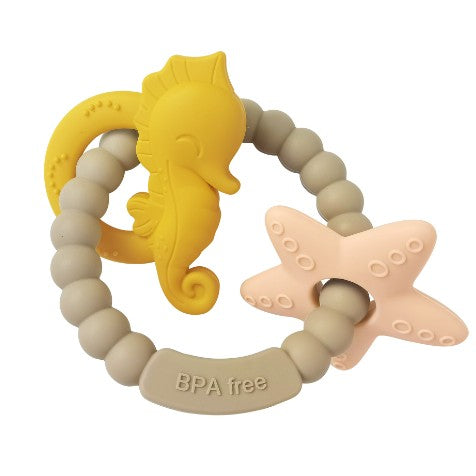 Jucarie Dentitie Bebelusi, Vivimall, Tip Bratara, Model Calut si Stea de Mare, + 3 luni, din Silicon, fara BPA, 8.1 x 8.1 x 1.2 cm, Maro - vivimall.ro