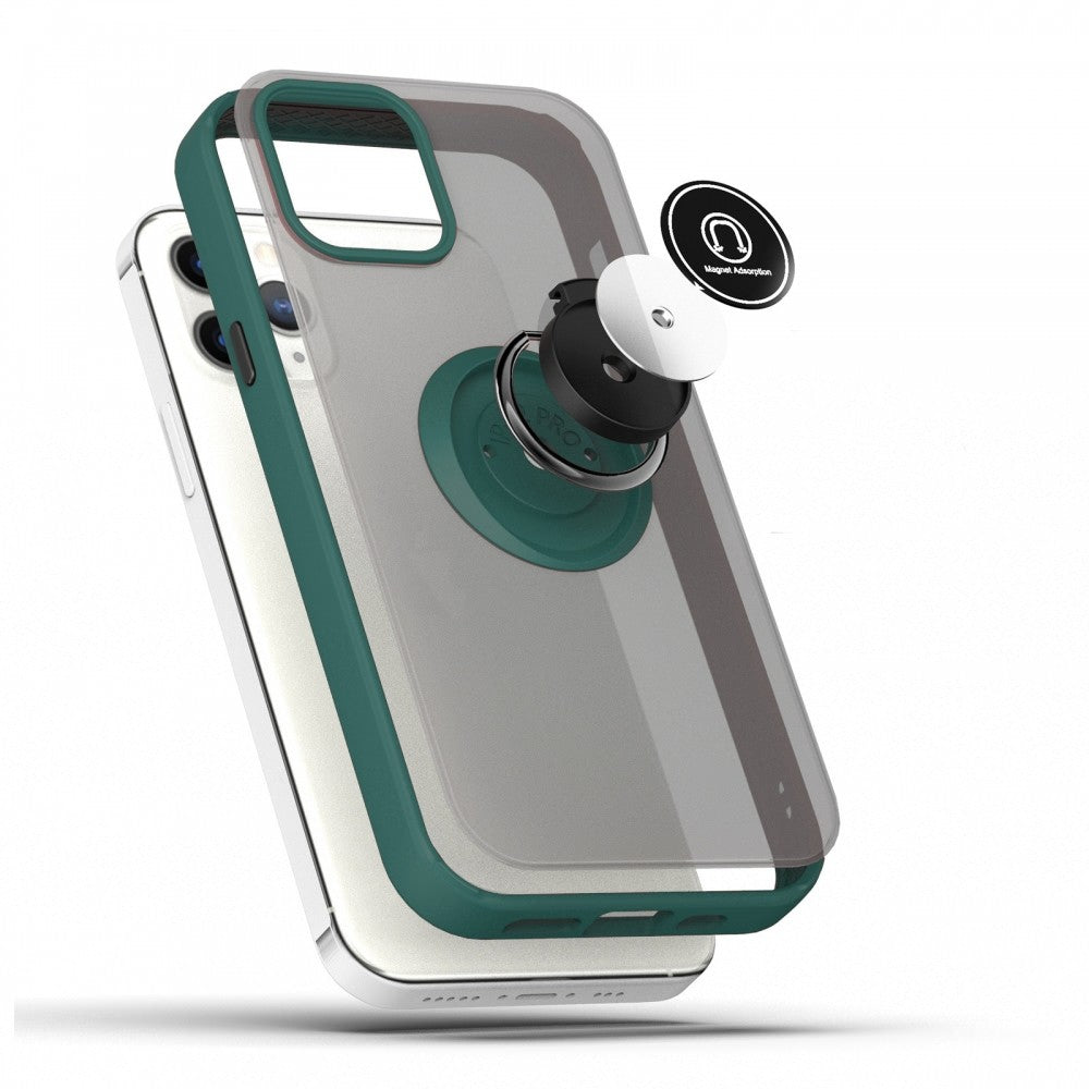 Husa Anti Fall Metal Bracket pentru Apple iPhone 14 Pro, Rezistenta la socuri, Margini colorate, Cu inel de prindere magnetic, Flippy, Verde - vivimall.ro