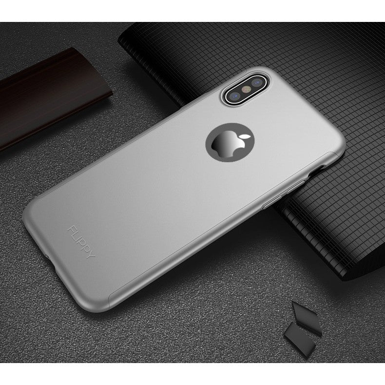 Set Husa si Folie de Protectie, Flippy, Compatibila cu Apple iPhone X, Full Cover 360°, Plastic + Sticla, Argintiu - vivimall.ro
