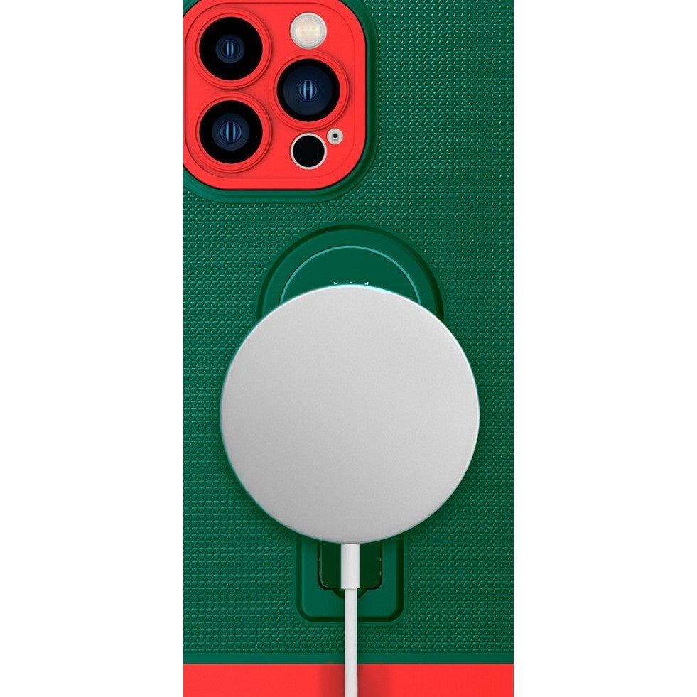Husa Armor Design, Flippy, pentru Apple iPhone 12, cu Stand, Suport Auto Magnetic, Wireless Charge, Verde/Rosu - vivimall.ro