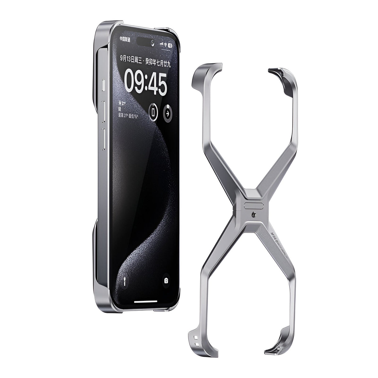 Husă Armor X pentru iPhone 15 Pro din aliaj de aluminiu, culoare gri metalizat, vedere frontală