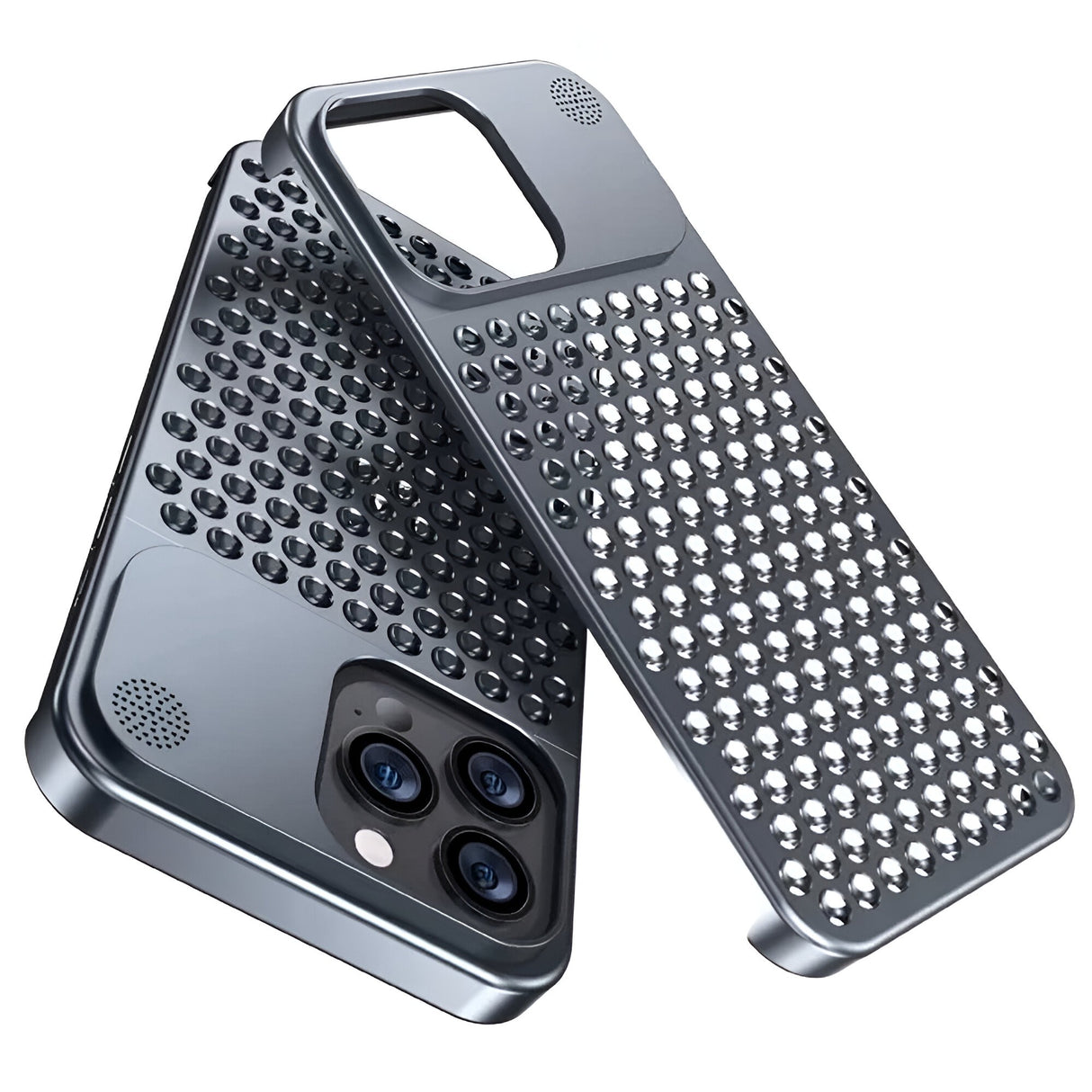 Husă aromaterapie iPhone 15 Pro aluminiu CNC gri, detaliu găuri ventilație spate
