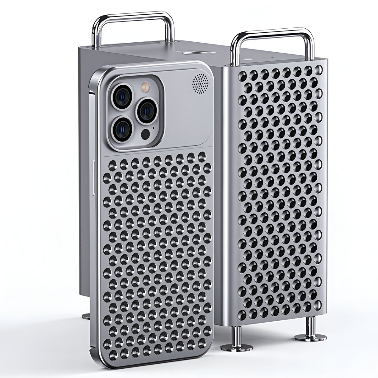 Husă metalică iPhone 15 Pro Max cu protecție cameră, vedere din unghi posterior dreapta