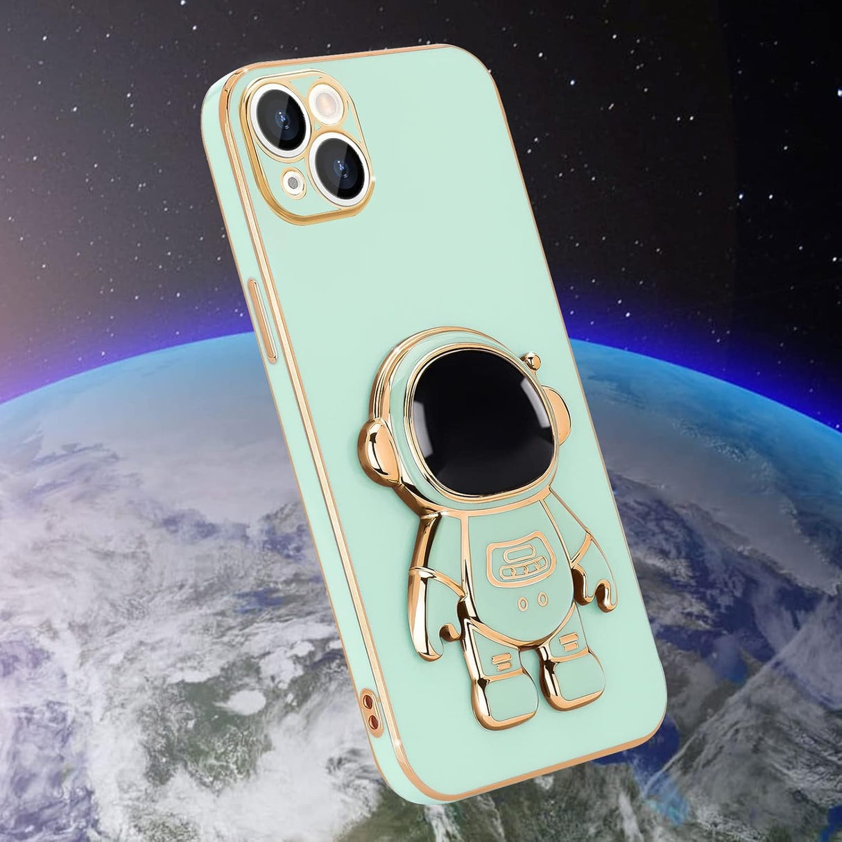 Husă iPhone 14 astronaut verde, detaliu decupaj cameră foto și bliț