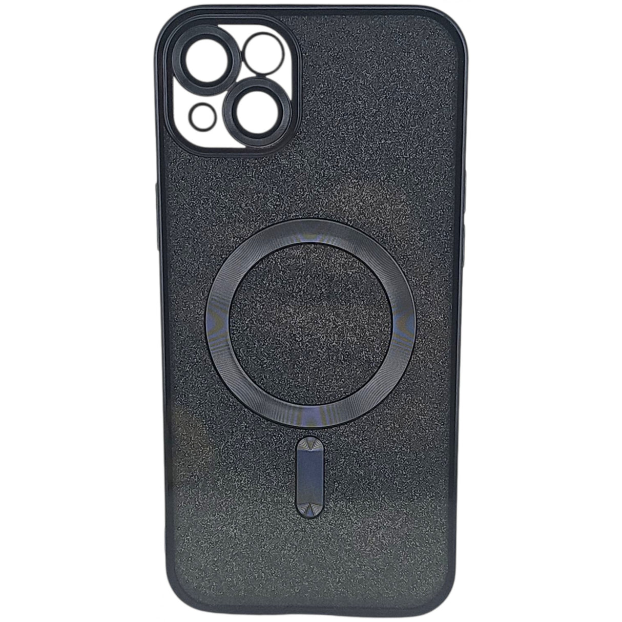 Detaliu sistem magnetic MagSafe husă iPhone 14 Plus TPU negru glitter, unghi lateral