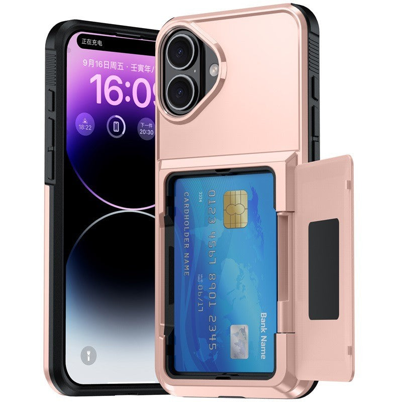 Husă iPhone 17 Rose Gold din policarbonat cu compartiment carduri, vedere frontală