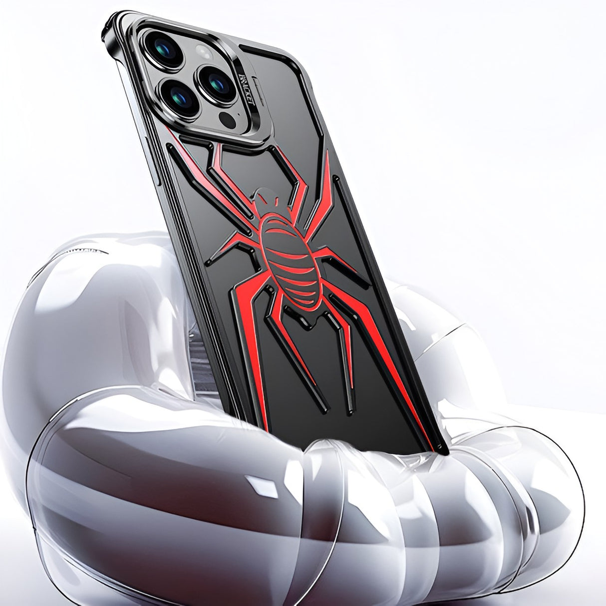 Husa de Protectie Compatibila iPhone 15 Pro, cu Suport Metalic pentru Camera, Armor Protective Series, Vivimall, Antisoc, Protectie de Metal pe Margini, Model Paianjen, Negru Rosu - vivimall.ro