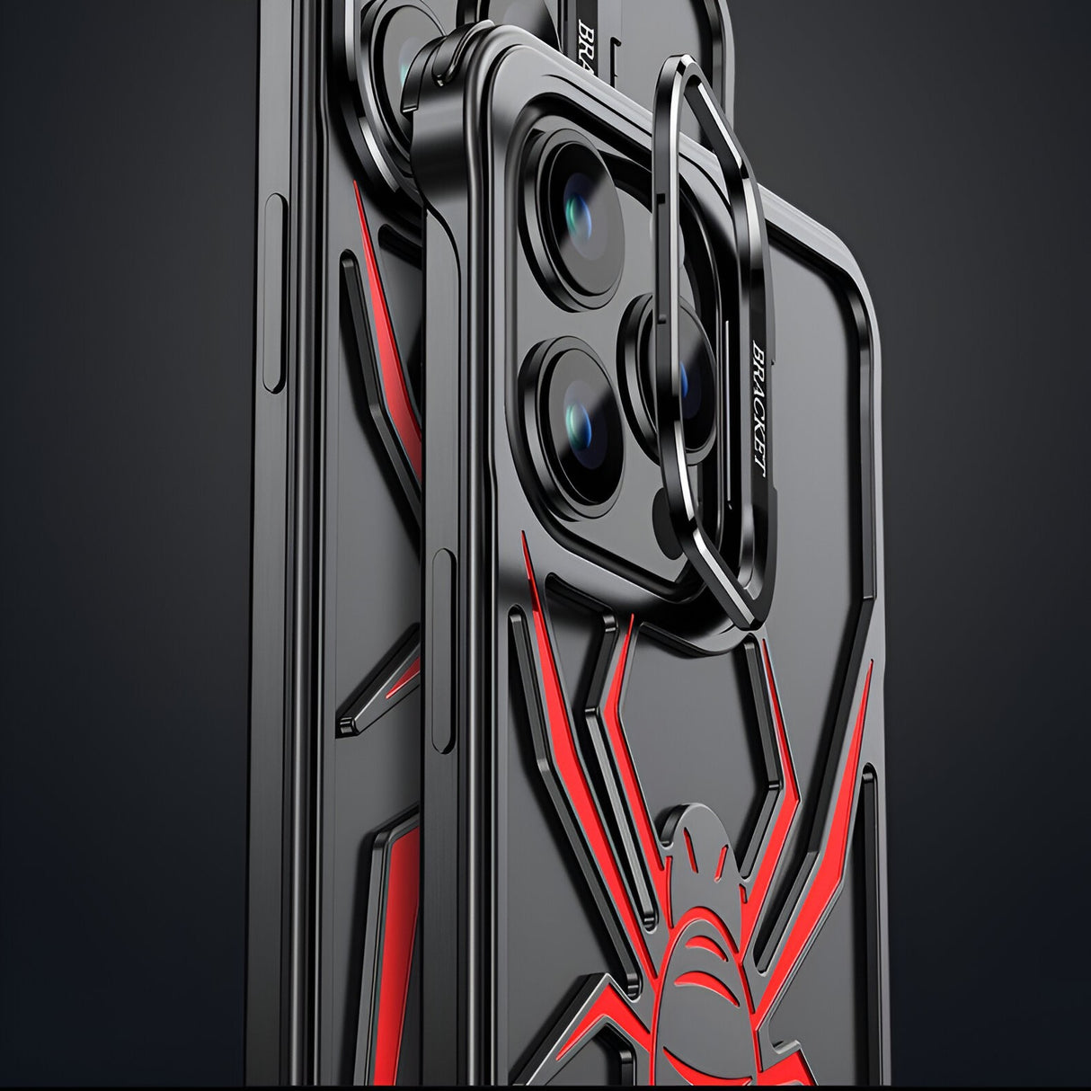 Husa de Protectie Compatibila iPhone 15 Pro, cu Suport Metalic pentru Camera, Armor Protective Series, Vivimall, Antisoc, Protectie de Metal pe Margini, Model Paianjen, Negru Rosu - vivimall.ro