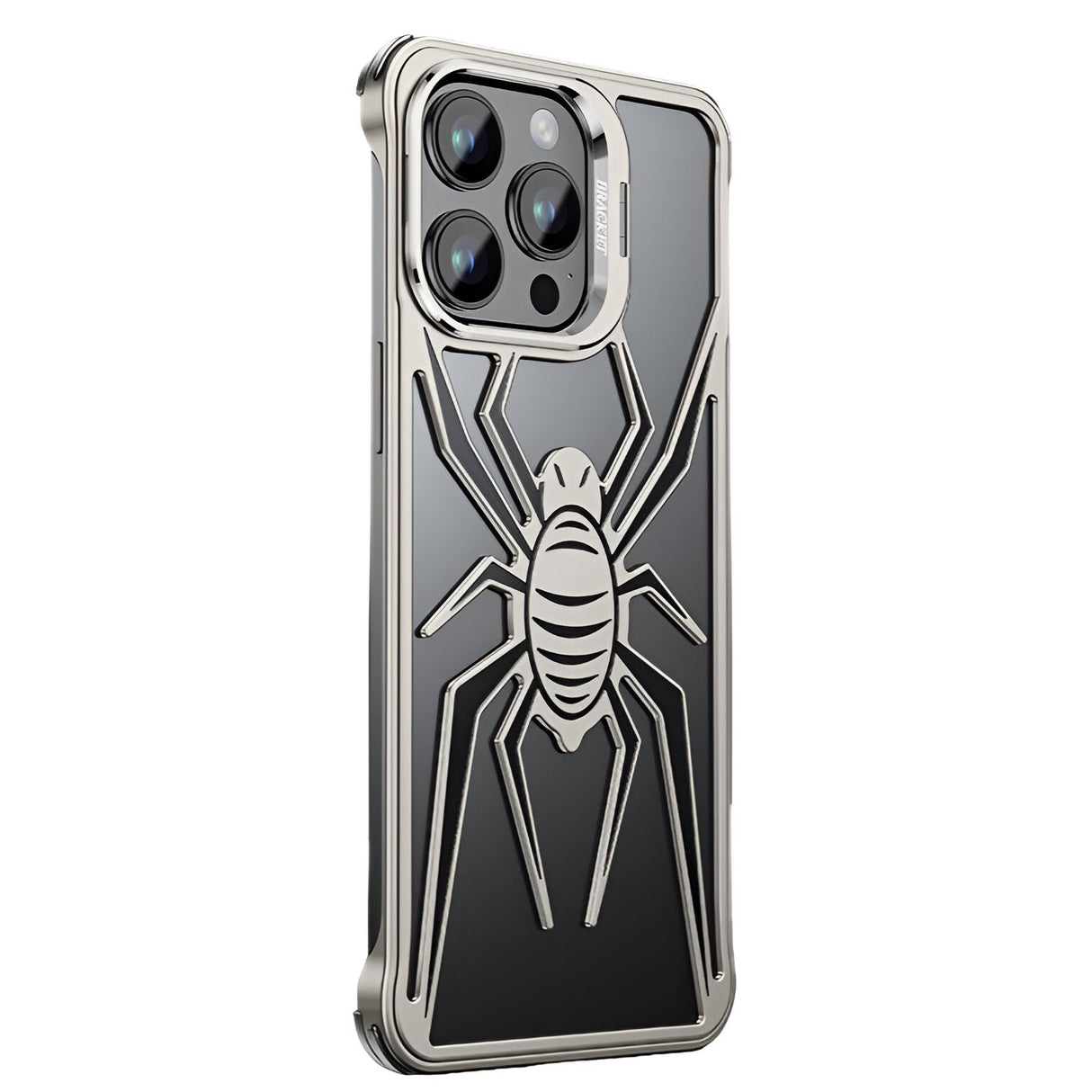 Husa de Protectie Compatibila iPhone 15 Pro, cu Suport Metalic pentru Camera, Armor Protective Series, Vivimall, Antisoc, Protectie de Metal pe Margini, Model Paianjen, Negru Gri - vivimall.ro