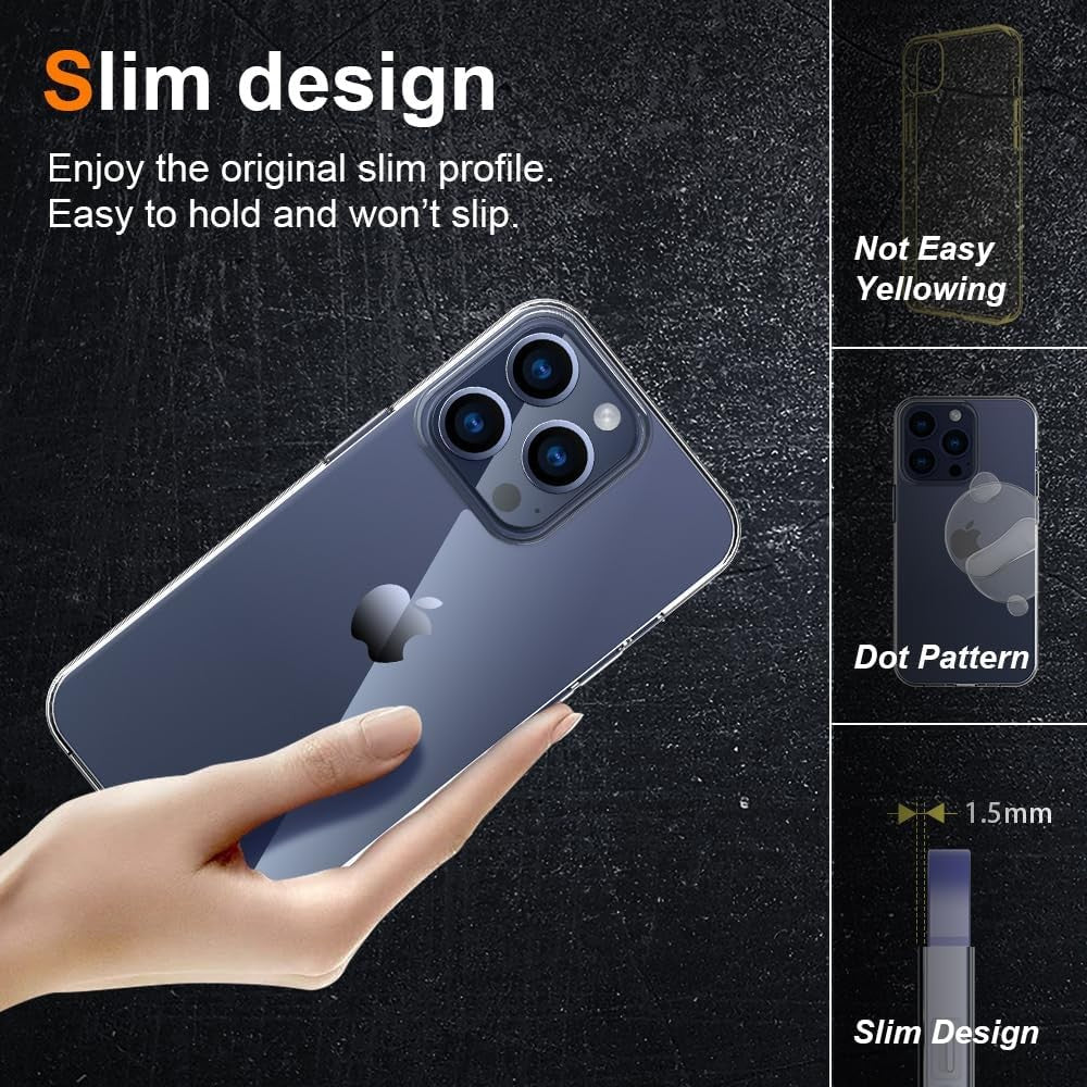 iPhone 15 Pro în husă transparentă silicon PC, design original vizibil, vedere spate