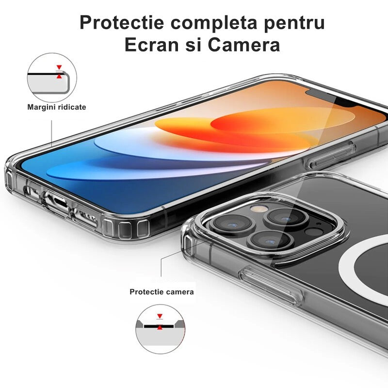 Husă iPhone 15 transparentă anti-shock, vedere laterală cu decupaje precise pentru butoane