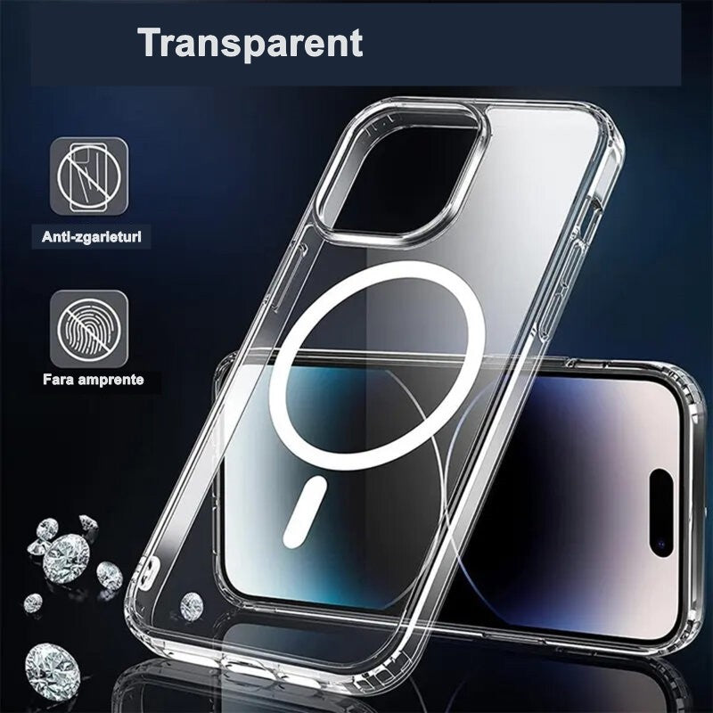 Husă iPhone 15 Pro Max transparentă MagSafe, vedere spate cu decupaj mare pentru cameră triplă