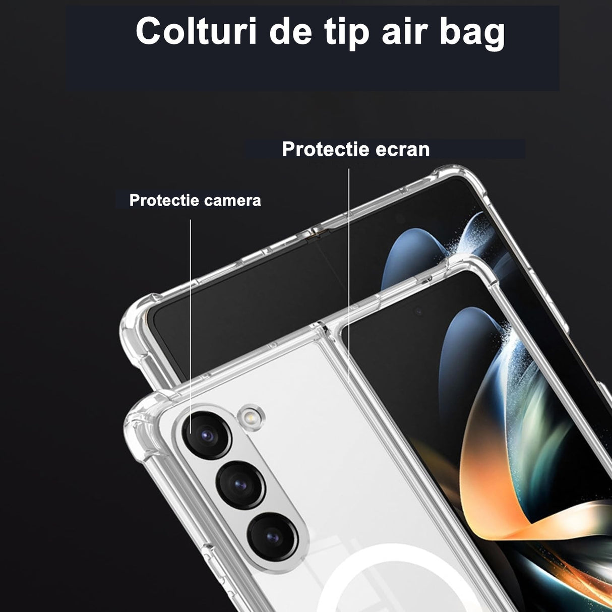 Detaliu decupaj mare cameră husă transparentă Samsung Z Fold 5, policarbonat rigid
