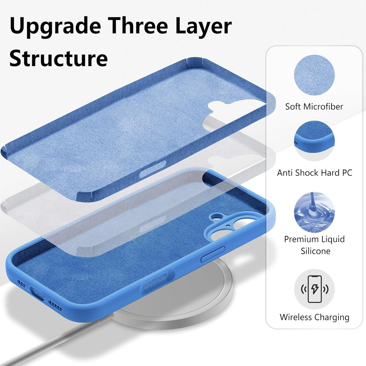 Husă iPhone 16 silicon lichid albastru montată pe telefon, vedere spate