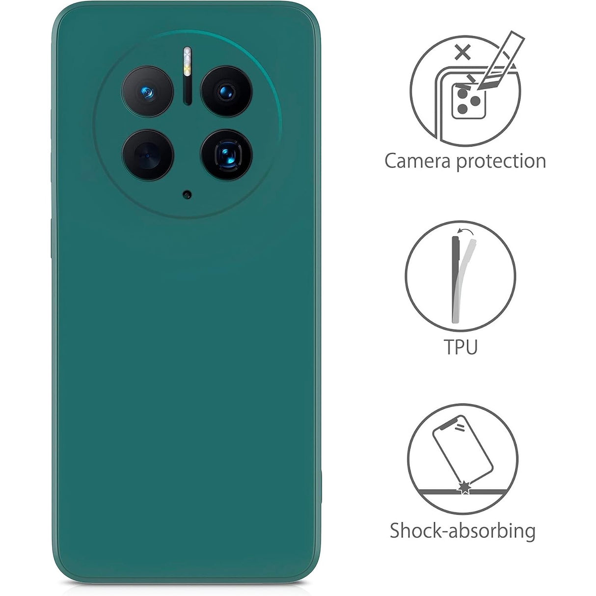 Husă verde Huawei Mate 50 Pro montată pe telefon, vedere spate, decupaj cameră foto