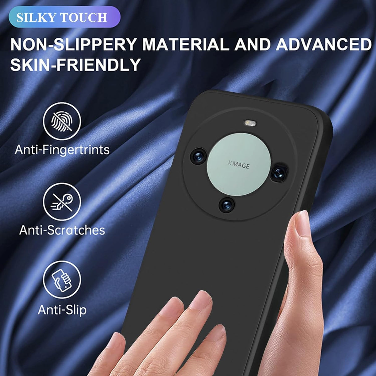 Husă Huawei Mate 60 Pro silicon lichid negru montată pe telefon, vedere lifestyle