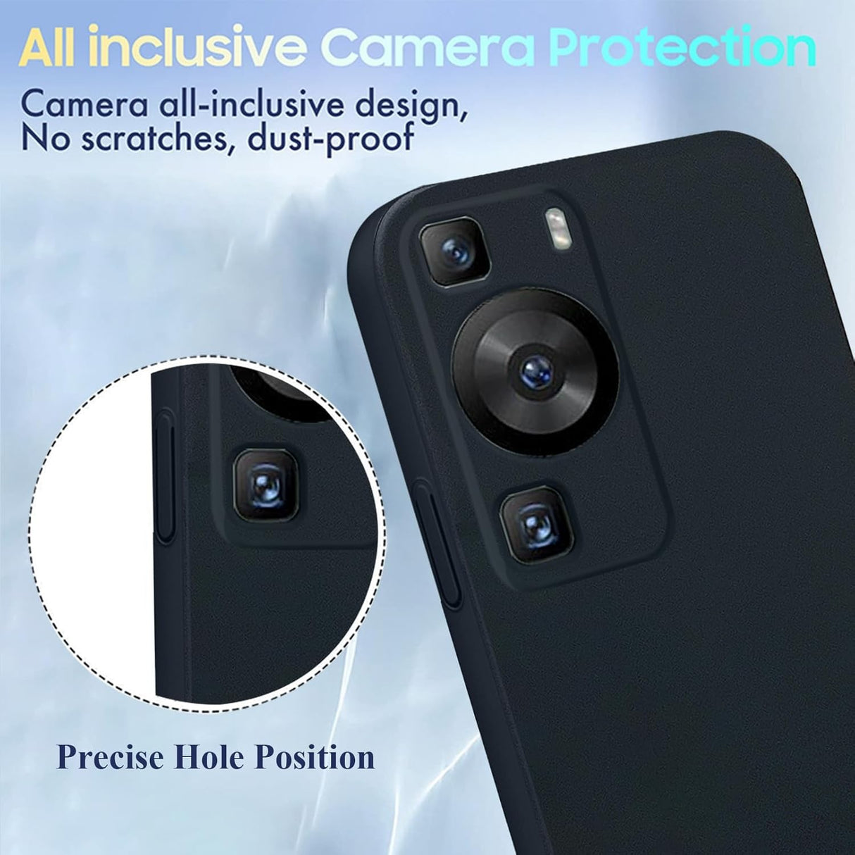 Husă Huawei P60 Pro Liquid Silicone negru, vedere spate, finisaj mat anti-alunecare