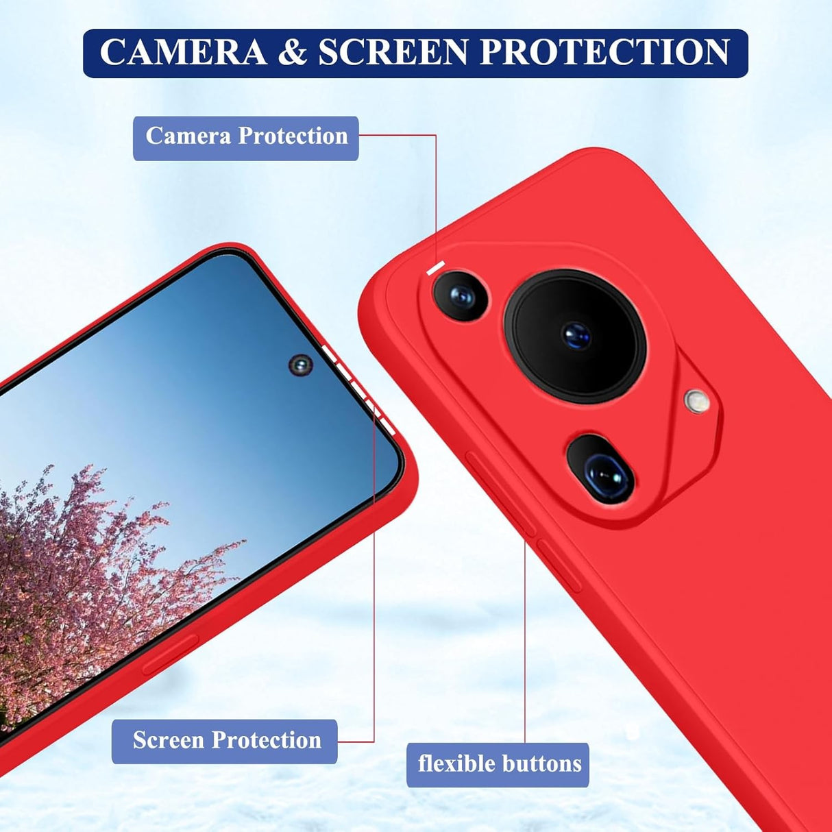 Husă Huawei Pura 70 roșie montată pe telefon, unghi lateral stânga
