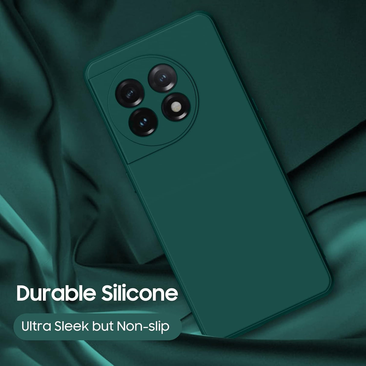 Husă Liquid Silicone Verde montată pe OnePlus 11 5G, decupaje porturi și butoane