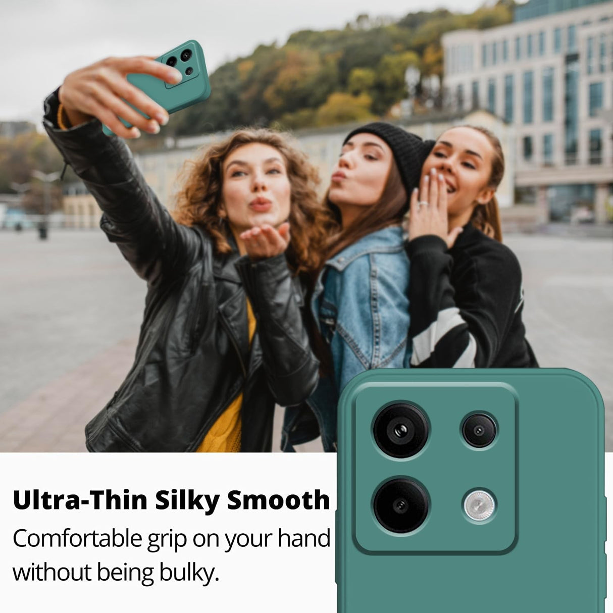 Husă Vivimall silicon lichid verde montată pe Xiaomi Redmi Note 13 5G, perspectivă lifestyle