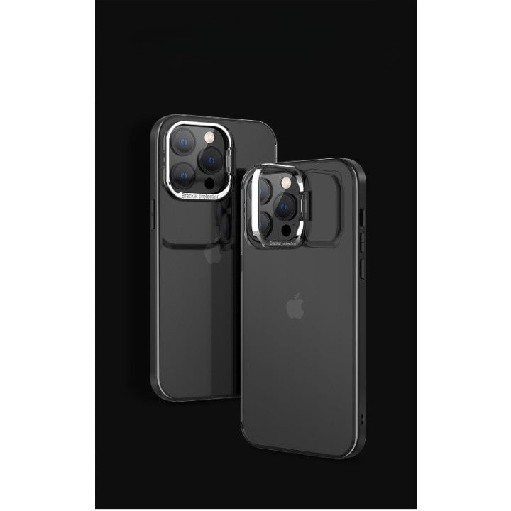 Husa de protectie pentru iPhone 14, cu suport metalic pentru camera, Bracket Series, Flippy, Protectie Antisoc, PC mat, silicon moale pe margini, Negru - vivimall.ro