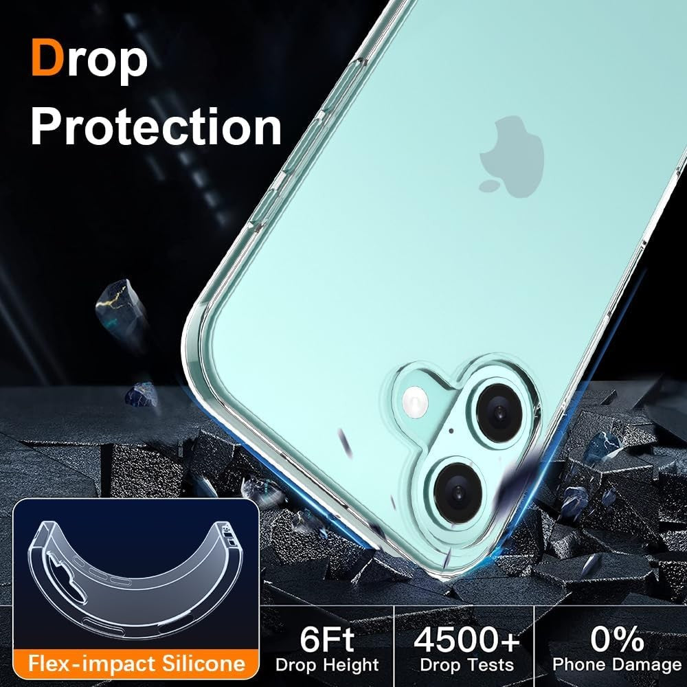 Husă antisoc transparentă iPhone 16 Plus, vedere spate, margini ridicate pentru protecție ecran
