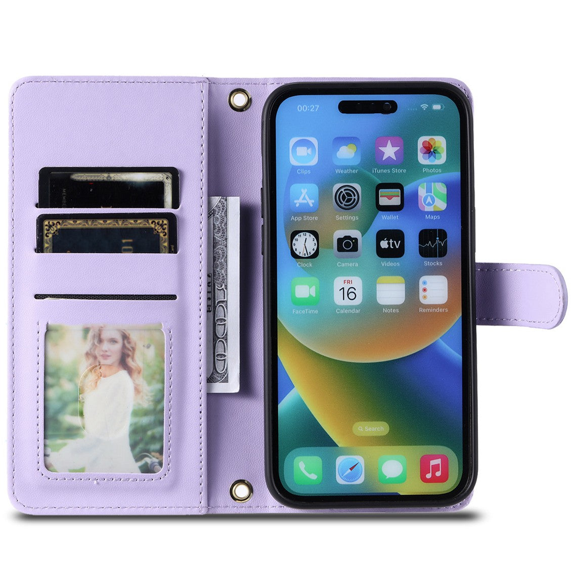 Husă carte mov iPhone 15 Plus cu suport orizontal activat, poziționare hands-free, vedere laterală