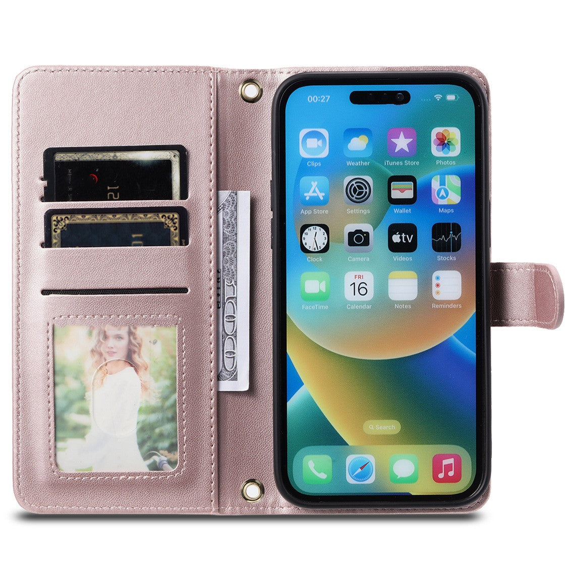 Husa de Protectie Tip Carte, Vivimall, pentru Apple iPhone 15 Plus, Model cu Suport si Capsa, Antisoc, Rezistenta la Impact, Protectie Camera, Roz - vivimall.ro