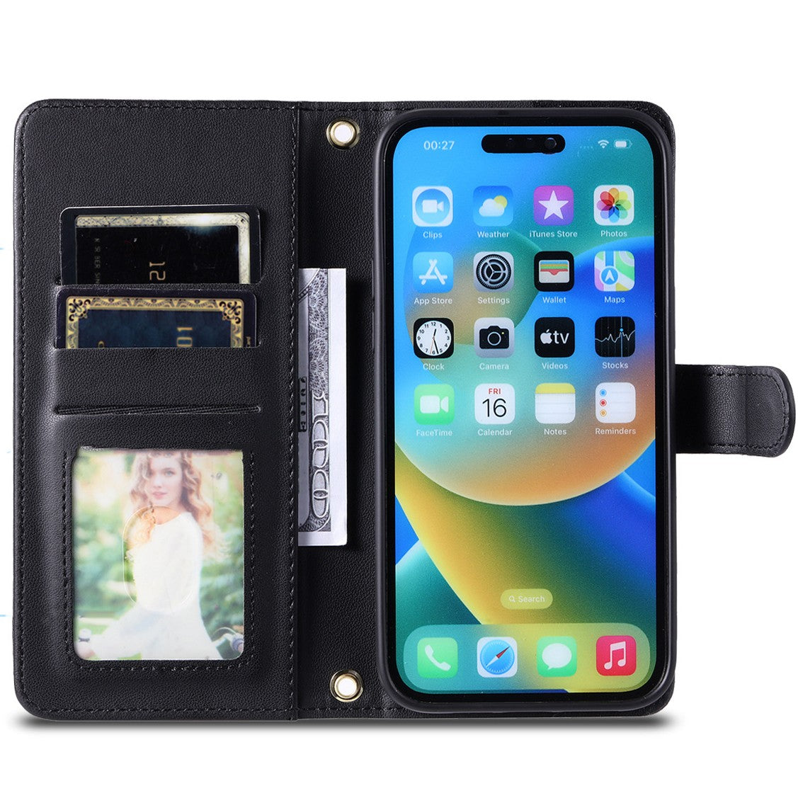 Husa de Protectie Tip Carte, Vivimall, pentru Apple iPhone 15 Plus, Model cu Suport si Capsa, Antisoc, Rezistenta la Impact, Protectie Camera, Neagra - vivimall.ro