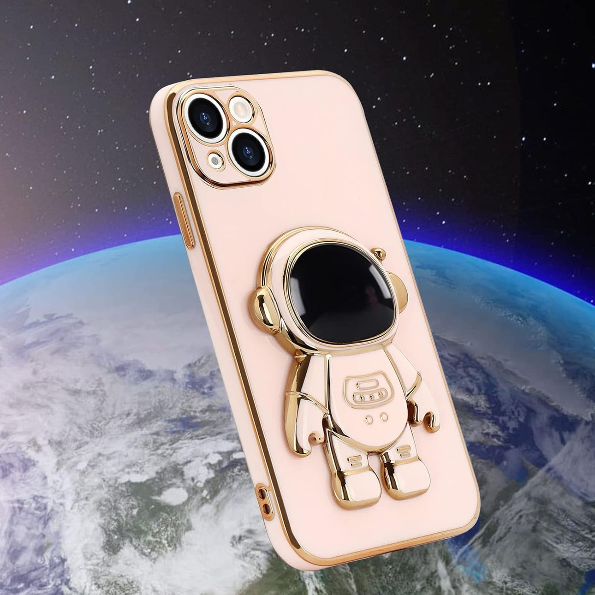 Detaliu print astronaut husă TPU roz iPhone 14 Plus, textură material flexibil