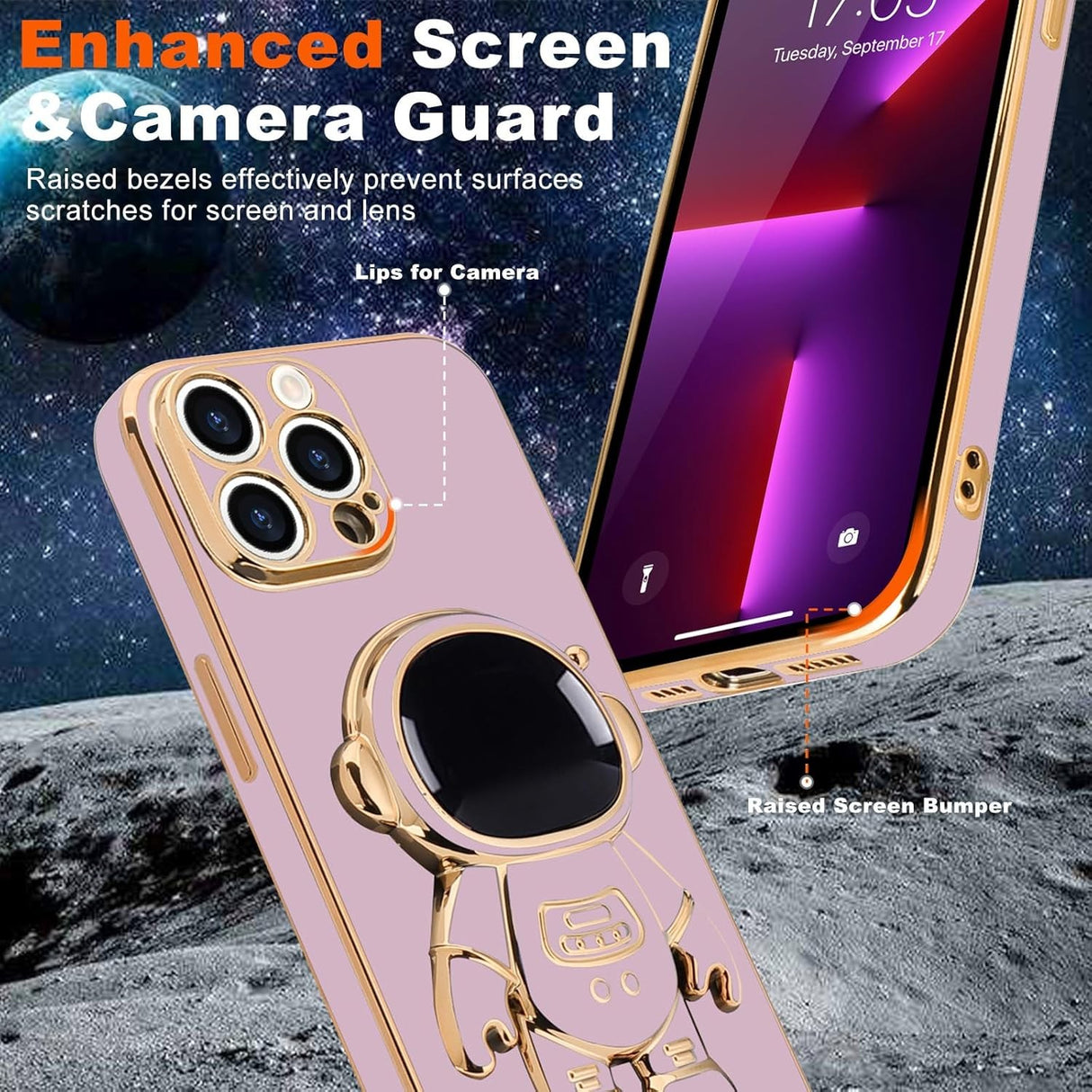 Husă antisoc 2in1 mov pentru iPhone 14 Pro Max montată pe telefon, perspectivă spate