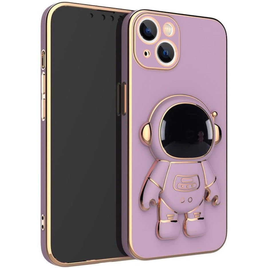 Husă iPhone 15 cu suport deschis în poziție de vizionare, culoare mov, vedere lifestyle