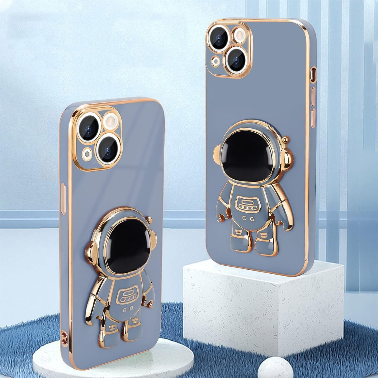 Set husă TPU 2in1 albastru iPhone 15 Plus cu suport deschis, vedere completă produs