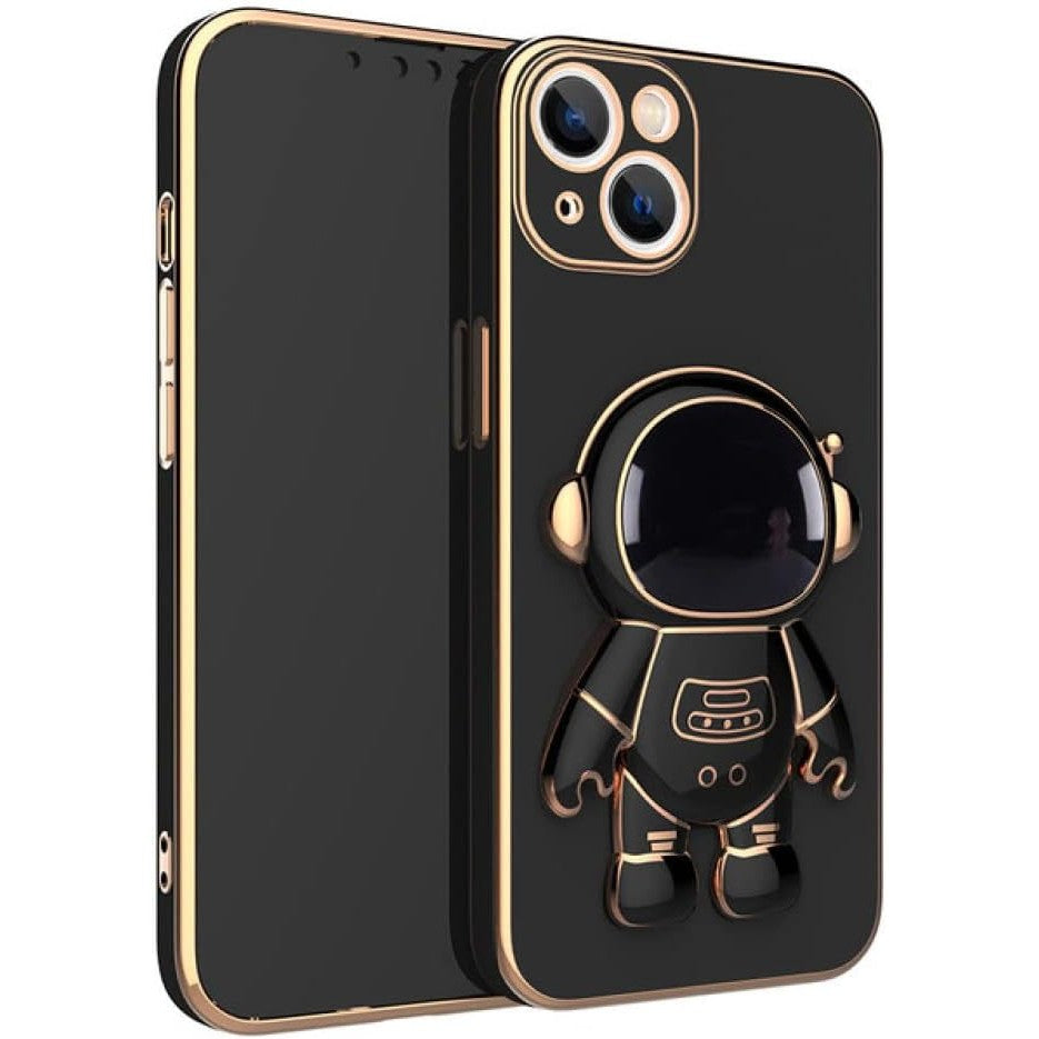 Husă TPU 2in1 iPhone 15 Plus neagră, comparație față-spate design astronaut complet
