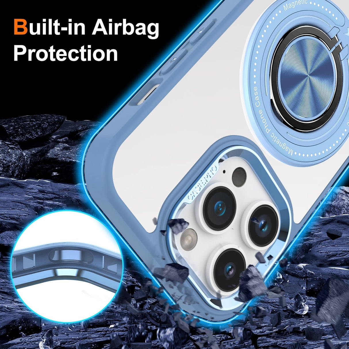 Husa de Protectie TPU, Vivimall, pentru iPhone 16 Pro, Anticadere, cu Incarcare Wireless, Tehnologie Magsafe, Inel Magnetic Rotativ cu Functie de Suport, Transparent-Albastru Deschis - vivimall.ro