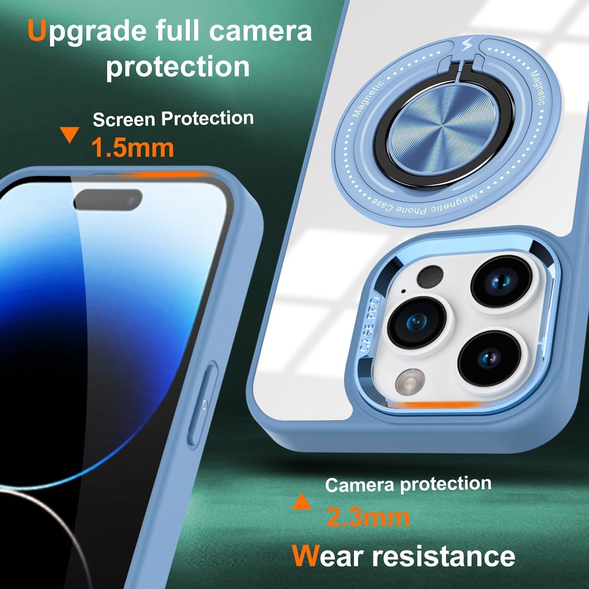 Husa de Protectie TPU, Vivimall, pentru iPhone 16 Pro, Anticadere, cu Incarcare Wireless, Tehnologie Magsafe, Inel Magnetic Rotativ cu Functie de Suport, Transparent-Albastru Deschis - vivimall.ro