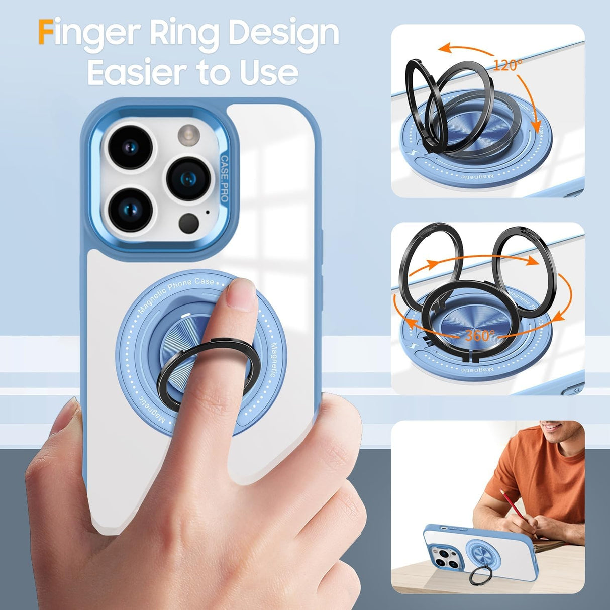 Husa de Protectie TPU, Vivimall, pentru iPhone 16 Pro, Anticadere, cu Incarcare Wireless, Tehnologie Magsafe, Inel Magnetic Rotativ cu Functie de Suport, Transparent-Albastru Deschis - vivimall.ro