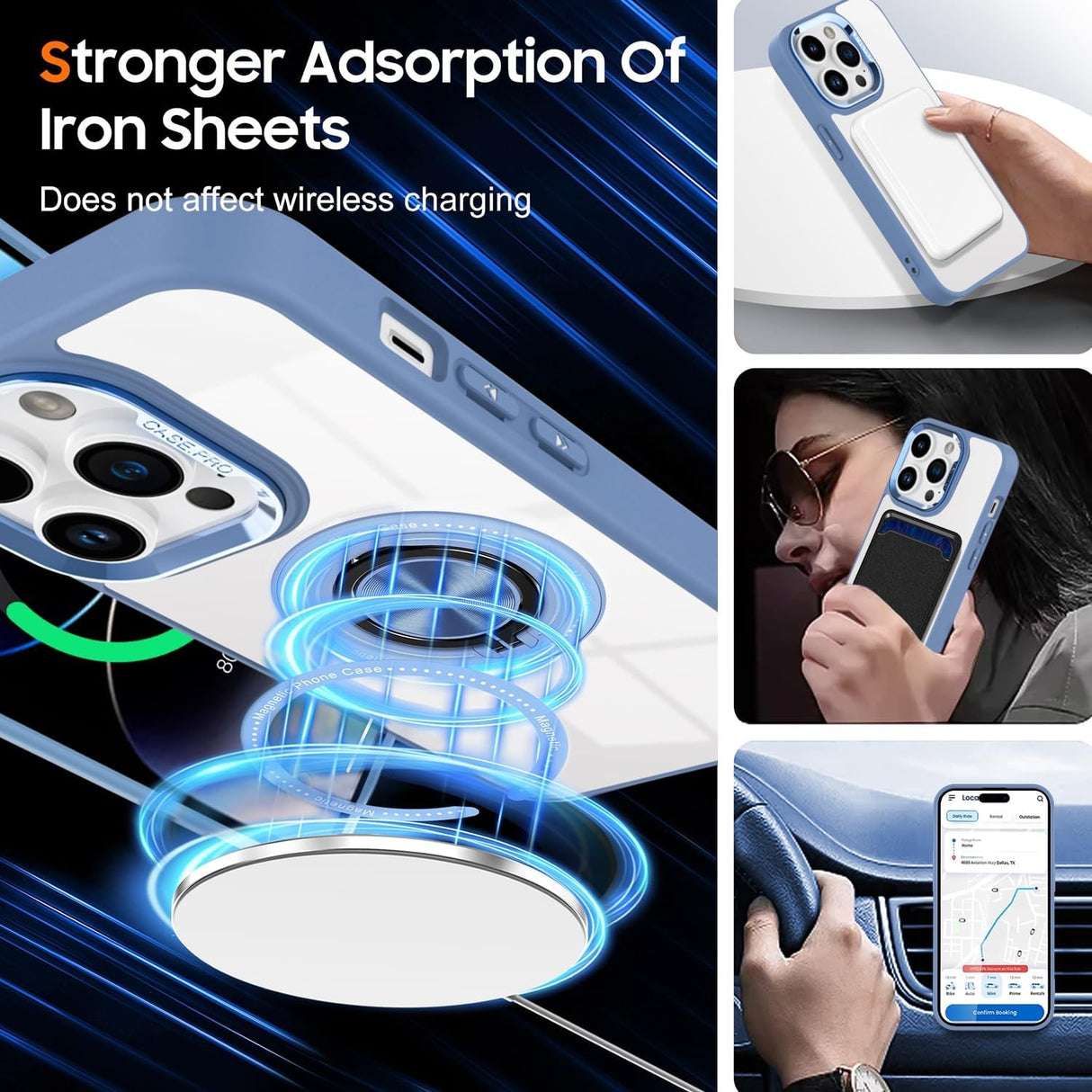 Husa de Protectie TPU, Vivimall, pentru iPhone 16 Pro, Anticadere, cu Incarcare Wireless, Tehnologie Magsafe, Inel Magnetic Rotativ cu Functie de Suport, Transparent-Albastru Deschis - vivimall.ro