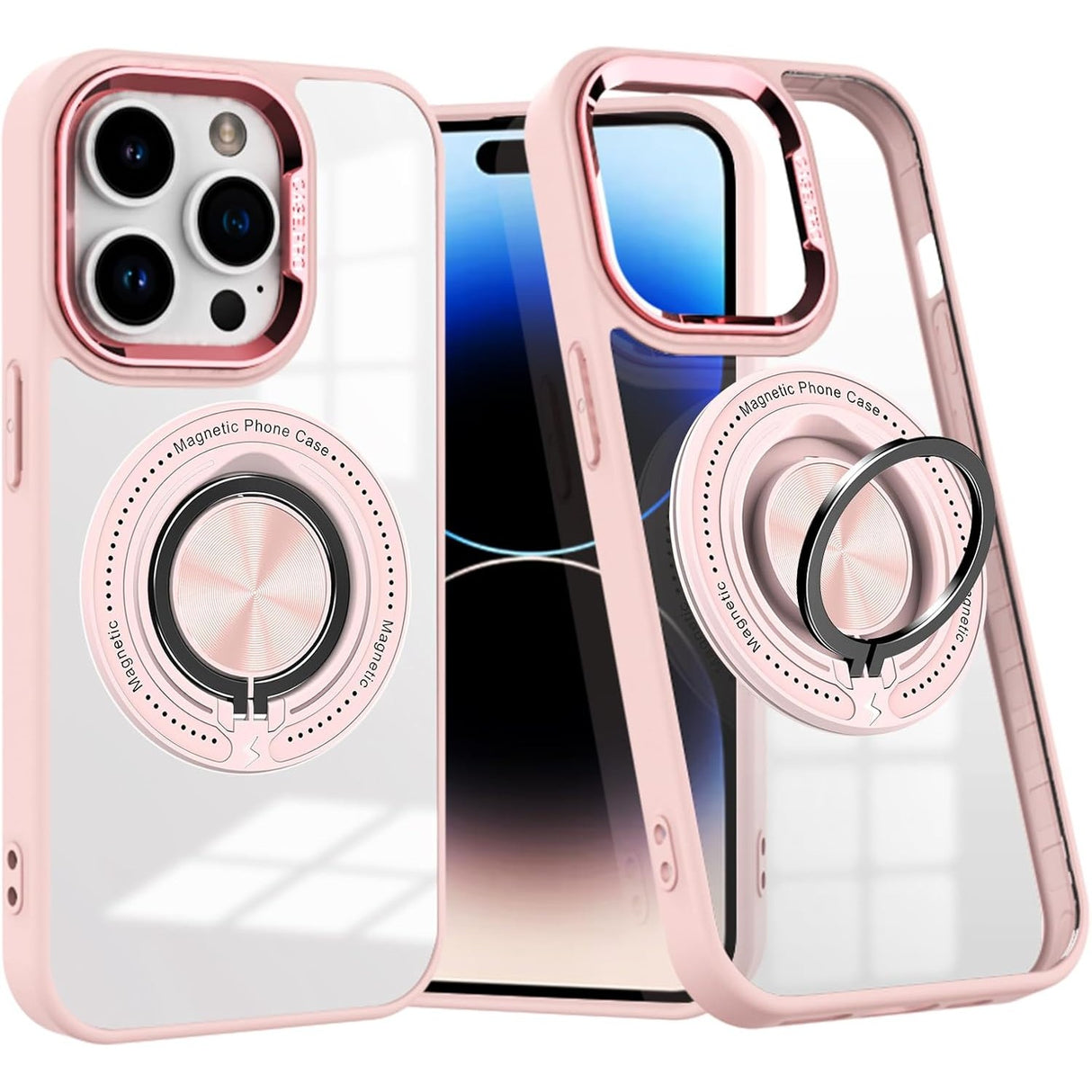 Husă TPU transparentă roz pentru iPhone 16 Pro cu inel magnetic MagSafe rotativ, vedere frontală